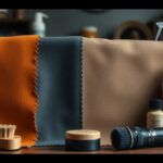 A collection of leather cleaning supplies is neatly arranged on a table. Featuring orange, gray, and beige leather swatches ideal for roughout leather, there's also a brush, two small containers of polish, care tips in a spray bottle, and a bottle labeled 'Raibcut Leather.'