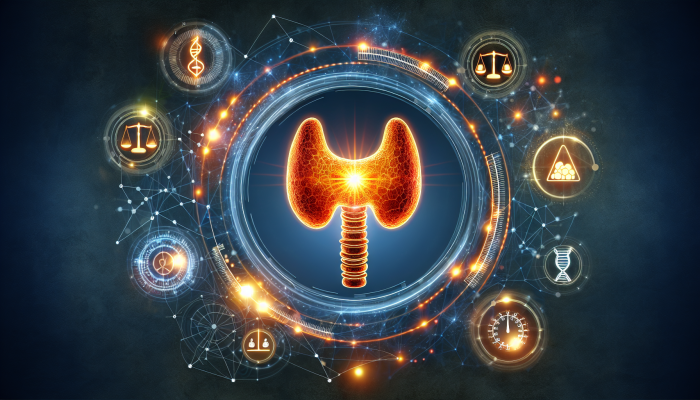 Glowing thyroid gland with metabolic symbols and scales, highlighting weight and energy impact.