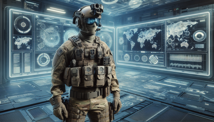 A soldier in advanced tactical gear in a high-tech command center, 2023.