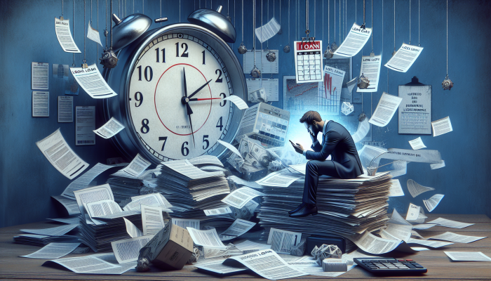 Person anxiously checking phone and calendar, surrounded by loan documents and ticking clock, awaiting loan approval.